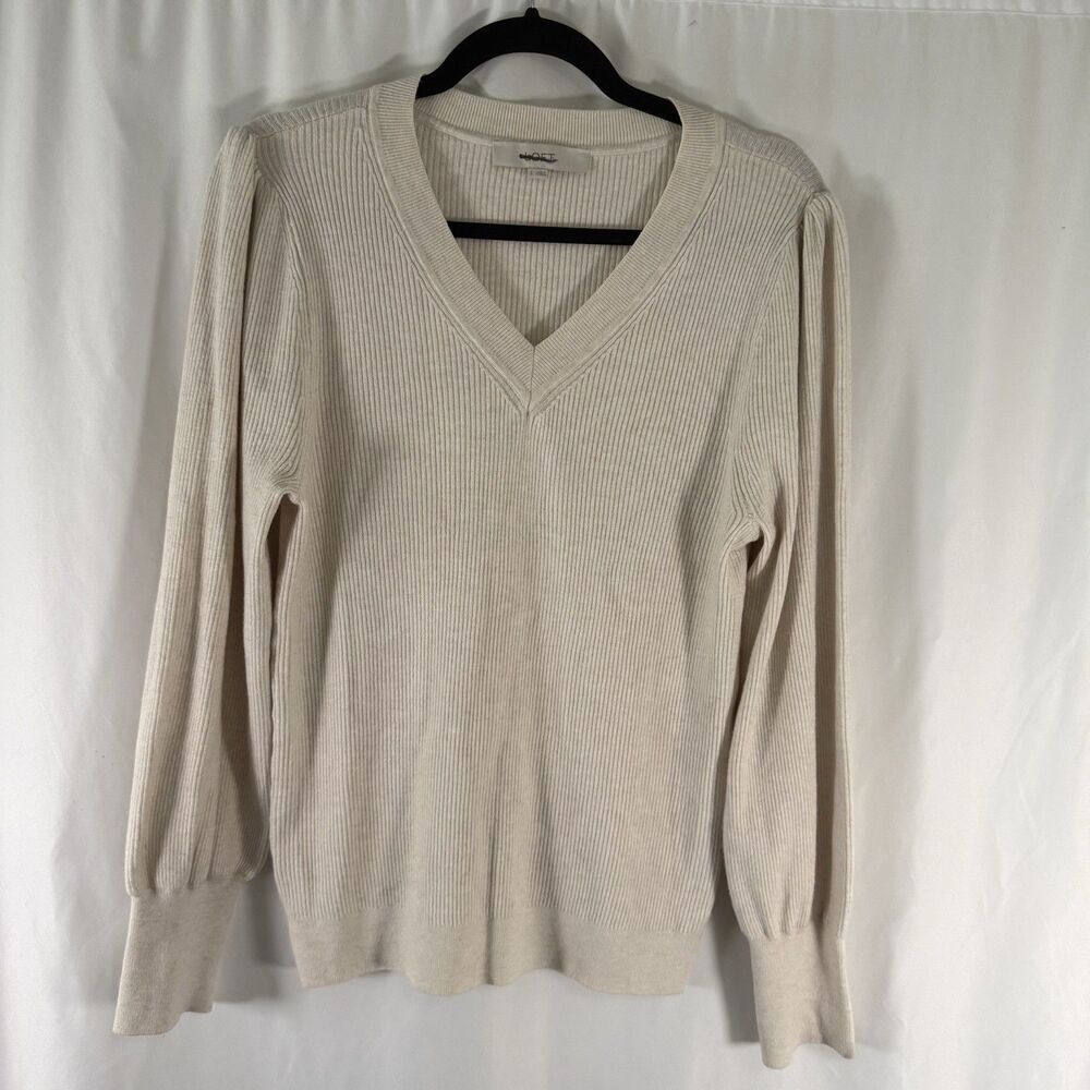 LOFT Blouse Women's Small Ivory Ribbed Vneck Long Sleeve Stretch Pullover